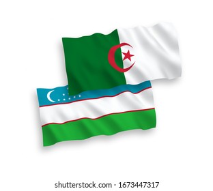 National vector fabric wave flags of Uzbekistan and Algeria isolated on white background. 1 to 2 proportion.