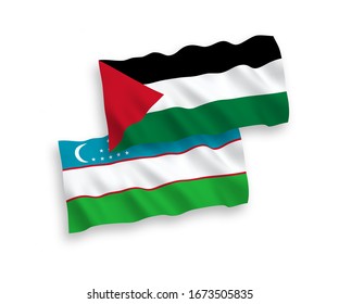 Banderas de tejido vectorial nacional ondean banderas de Uzbekistán y Palestina aisladas en fondo blanco. 1 a 2 proporciones.