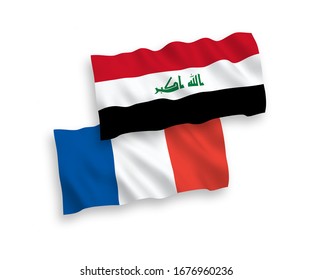 Banderas de olas de tela vectorial nacional de Francia e Iraq aisladas en fondo blanco. 1 a 2 proporciones.