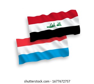 National vector fabric wave flags of Iraq and Luxembourg isolated on white background. 1 to 2 proportion.