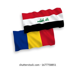 National vector fabric wave flags of Romania and Iraq isolated on white background. 1 to 2 proportion.