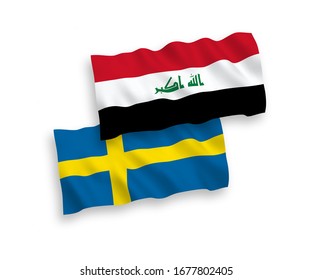 National vector fabric wave flags of Sweden and Iraq isolated on white background. 1 to 2 proportion.