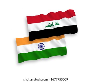 National vector fabric wave flags of India and Iraq isolated on white background. 1 to 2 proportion.