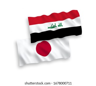 Banderas de ondulación de tela vectorial nacional de Japón e Iraq aisladas en fondo blanco. 1 a 2 proporciones.