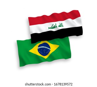 Banderas de olas de tela vectorial nacional de Brasil e Iraq aisladas en fondo blanco. 1 a 2 proporciones.