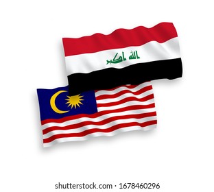 Banderas de olas de tela vectorial nacional de Iraq y Malasia aisladas en fondo blanco. 1 a 2 proporciones.