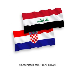 National vector fabric wave flags of Iraq and Croatia isolated on white background. 1 to 2 proportion.