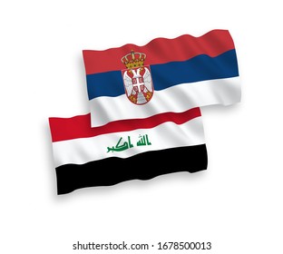 National vector fabric wave flags of Iraq and Serbia isolated on white background. 1 to 2 proportion.