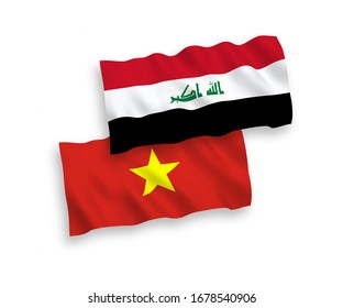 National vector fabric wave flags of Iraq and Vietnam isolated on white background. 1 to 2 proportion.