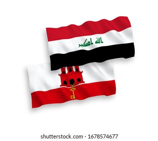 National vector fabric wave flags of Iraq and Gibraltar isolated on white background. 1 to 2 proportion.