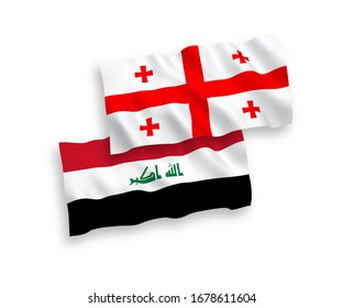 National vector fabric wave flags of Iraq and Georgia isolated on white background. 1 to 2 proportion.