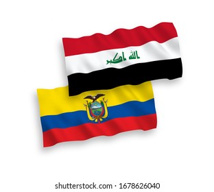 Banderas de la ola de tela vectorial nacional de Iraq y Ecuador aisladas en fondo blanco. 1 a 2 proporciones.