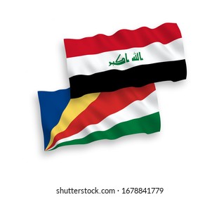 National vector fabric wave flags of Iraq and Seychelles isolated on white background. 1 to 2 proportion.