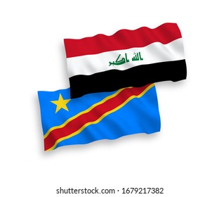 National vector fabric wave flags of Iraq and Democratic Republic of the Congo isolated on white background. 1 to 2 proportion.