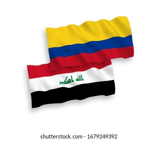 National vector fabric wave flags of Iraq and Colombia isolated on white background. 1 to 2 proportion.