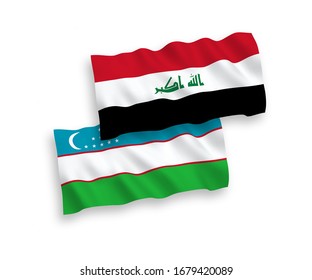 National vector fabric wave flags of Iraq and Uzbekistan isolated on white background. 1 to 2 proportion.