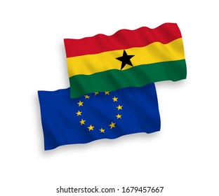 Banderas de la Unión Europea y Ghana de tejido vectorial nacional aisladas de fondo blanco. 1 a 2 proporciones.