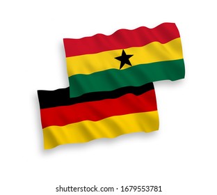 National vector fabric wave flags of Germany and Ghana isolated on white background. 1 to 2 proportion.