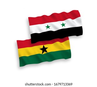 National vector fabric wave flags of Ghana and Syria isolated on white background. 1 to 2 proportion.