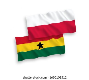 National vector fabric wave flags of Ghana and Poland isolated on white background. 1 to 2 proportion.