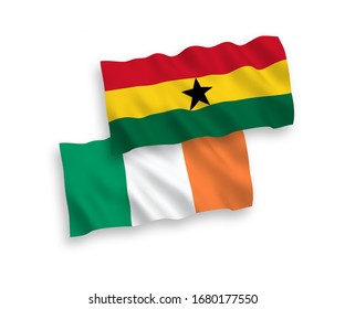 National vector fabric wave flags of Ireland and Ghana isolated on white background. 1 to 2 proportion.