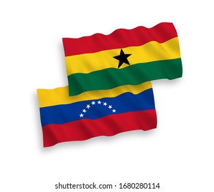 National vector fabric wave flags of Venezuela and Ghana isolated on white background. 1 to 2 proportion.