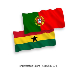 National vector fabric wave flags of Portugal and Ghana isolated on white background. 1 to 2 proportion.