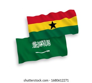National vector fabric wave flags of Saudi Arabia and Ghana isolated on white background. 1 to 2 proportion.