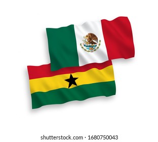 National vector fabric wave flags of Mexico and Ghana isolated on white background. 1 to 2 proportion.