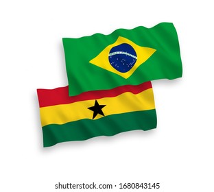 National vector fabric wave flags of Brazil and Ghana isolated on white background. 1 to 2 proportion.