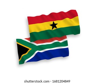 Banderas de olas de tela vectorial nacional de Ghana y la República de Sudáfrica aisladas de fondo blanco. 1 a 2 proporciones.