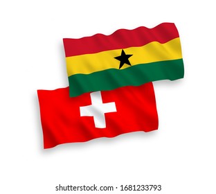Banderas de olas de tela vectorial nacional de Ghana y Suiza aisladas en fondo blanco. 1 a 2 proporciones.