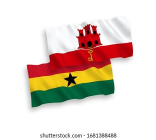 Banderas de olas de tela vectorial nacional de Ghana y Gibraltar aisladas en fondo blanco. 1 a 2 proporciones.