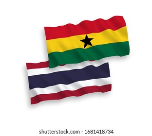 National vector fabric wave flags of Ghana and Thailand isolated on white background. 1 to 2 proportion.