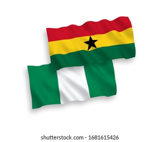 National vector fabric wave flags of Ghana and Nigeria isolated on white background. 1 to 2 proportion.