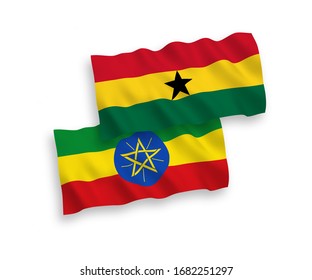 Banderas de olas de tela vectorial nacional de Ghana y Etiopía aisladas en fondo blanco. 1 a 2 proporciones.