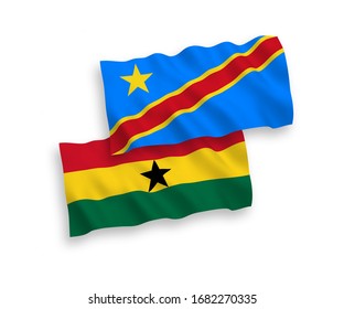 National vector fabric wave flags of Ghana and Democratic Republic of the Congo isolated on white background. 1 to 2 proportion.