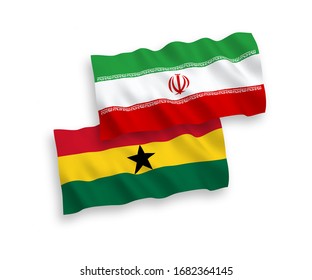 National vector fabric wave flags of Ghana and Iran isolated on white background. 1 to 2 proportion.