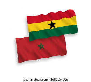 National vector fabric wave flags of Ghana and Morocco isolated on white background. 1 to 2 proportion.