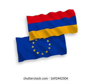Gewebeflags der nationalen Vektorillustration - Flags von der Europäischen Union und Armenien einzeln auf weißem Hintergrund. 1 bis 2 %.