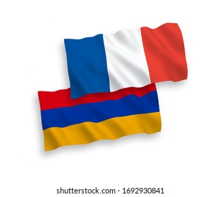 National vector fabric wave flags of France and Armenia isolated on white background. 1 to 2 proportion.