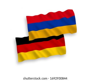 National vector fabric wave flags of Germany and Armenia isolated on white background. 1 to 2 proportion.