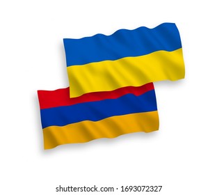 National vector fabric wave flags of Armenia and Ukraine isolated on white background. 1 to 2 proportion.