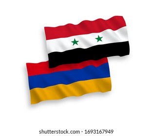 National vector fabric wave flags of Armenia and Syria isolated on white background. 1 to 2 proportion.
