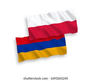 Länderspezifische Vektorillustration-Wellen-Flaggen Armeniens und Polens einzeln auf weißem Hintergrund. 1 bis 2 %.