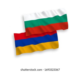 National vector fabric wave flags of Bulgaria and Armenia isolated on white background. 1 to 2 proportion.