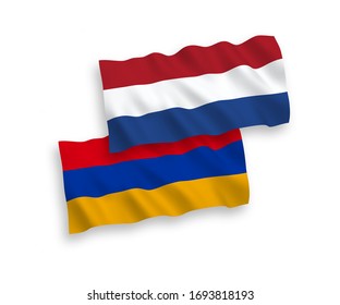 National vector fabric wave flags of Armenia and Netherlands isolated on white background. 1 to 2 proportion.