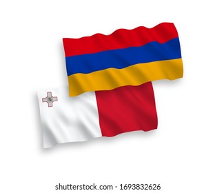 Länderspezifische Vektorillustration-Wellen-Flaggen von Malta und Armenien einzeln auf weißem Hintergrund. 1 bis 2 %.
