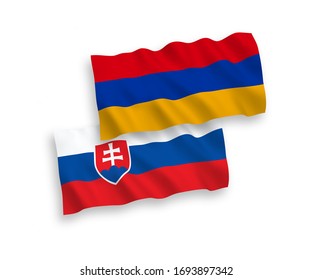 National vector fabric wave flags of Slovakia and Armenia isolated on white background. 1 to 2 proportion.
