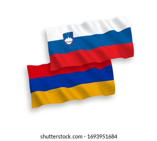 National vector fabric wave flags of Slovenia and Armenia isolated on white background. 1 to 2 proportion.